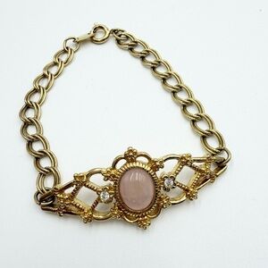 VINTAGE Avon Genuine Rose Quartz Gold Tone Bracelet